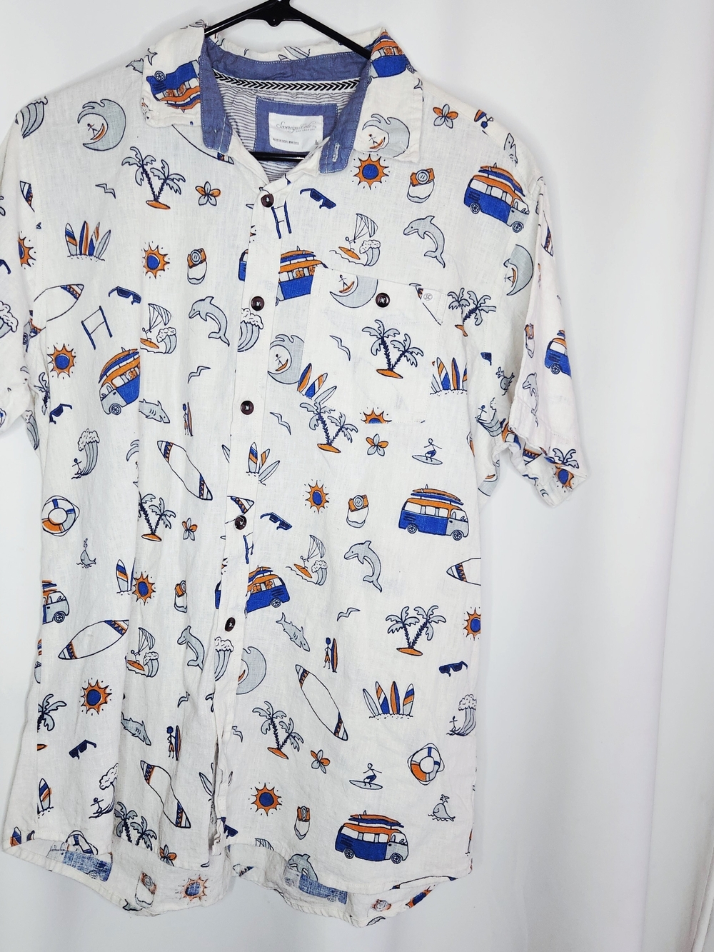 Men's White Short-Sleeve Beach Print Shirt - Blue & Orange